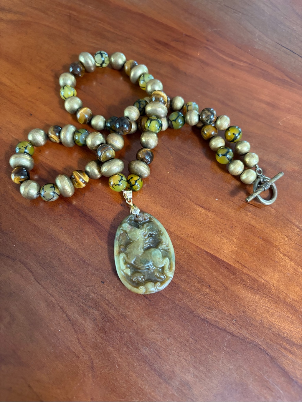Vintage Chinese Nephrite Carved Zodiac Running Horse Pendant With Necklace